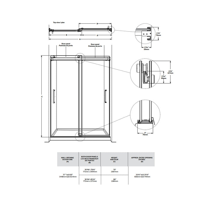 Mercury In-Line Bypass Right Sliding Shower Door - Wall Mount - 60W x 79H" Glass/Polished Chrome
