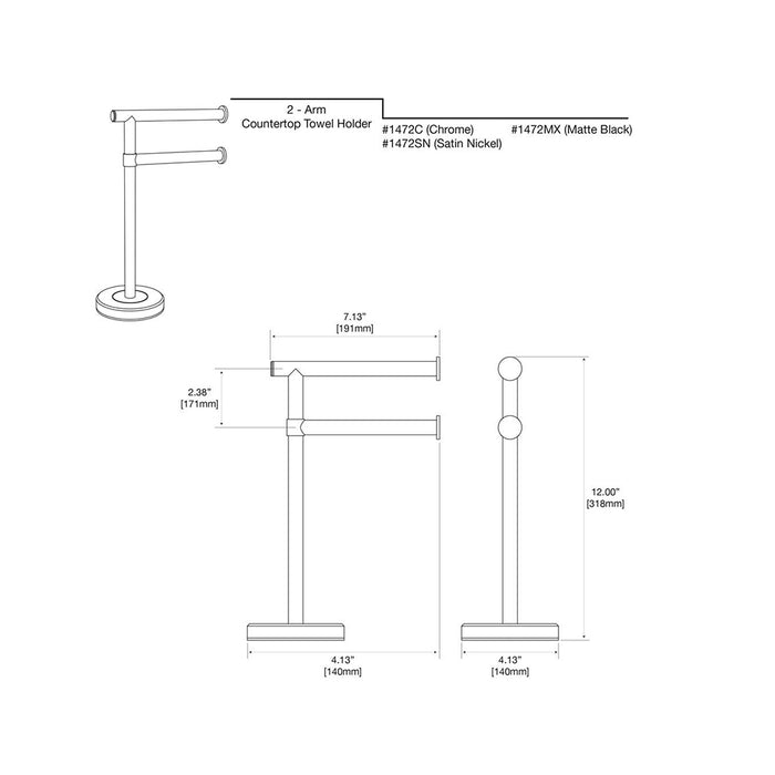 Countertop 2-Arm Pivot Towel Bar - Free Standing - 12" Steel/Polished Chrome