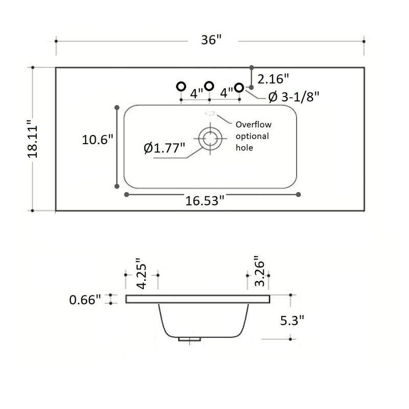Hermes Center Integrated Vanity Sink - Three Holes - Drop-In - 36" Solid Surface/Matt White