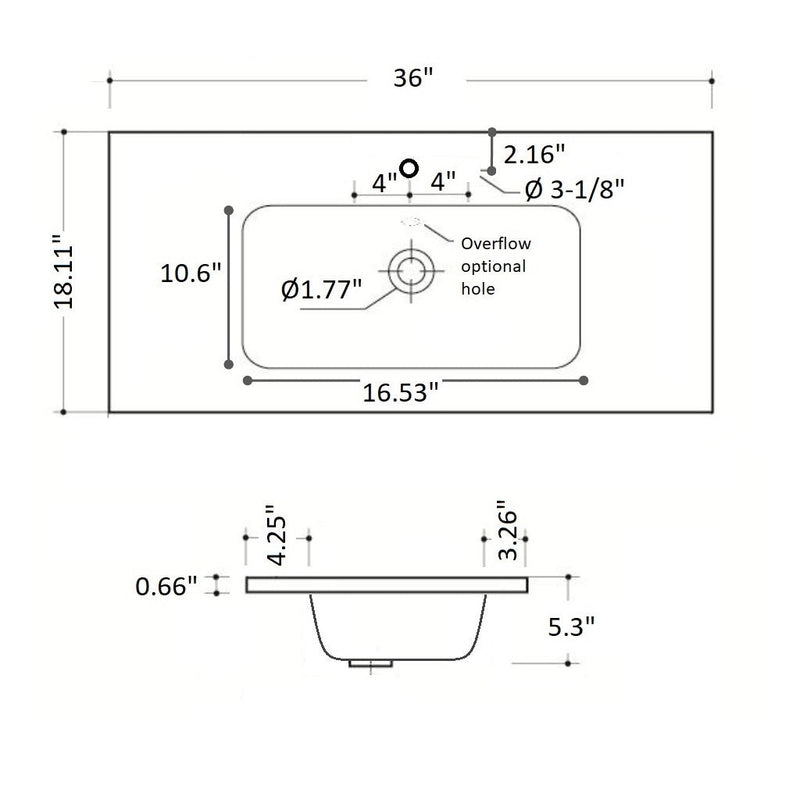 Hermes Center Integrated Vanity Sink - Single Hole - Drop-In - 36" Solid Surface/Matt White