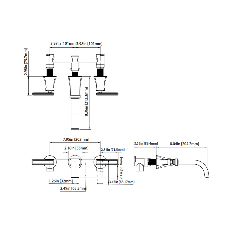 Serie 230 Complete Bathroom Faucet - Widespread-Wall Mount - 8" Brass/Polished Chrome