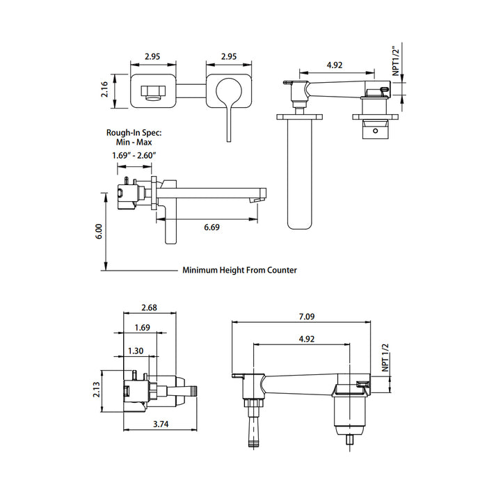 Serie 260 Complete Bathroom Faucet - Single Hole-Wall Mount - 5" Brass/Brushed Nickel