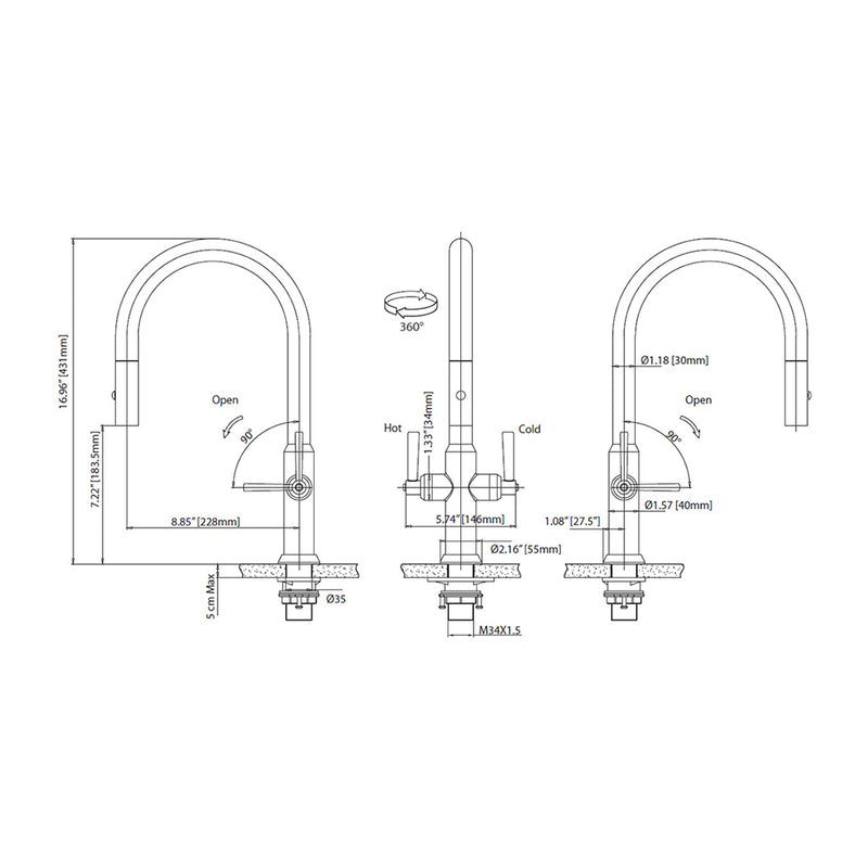 Velox Dual Spray Pull Out Two Handle Kitchen Faucet - Single Hole - 17" Stainless Steel/Brushed Gold