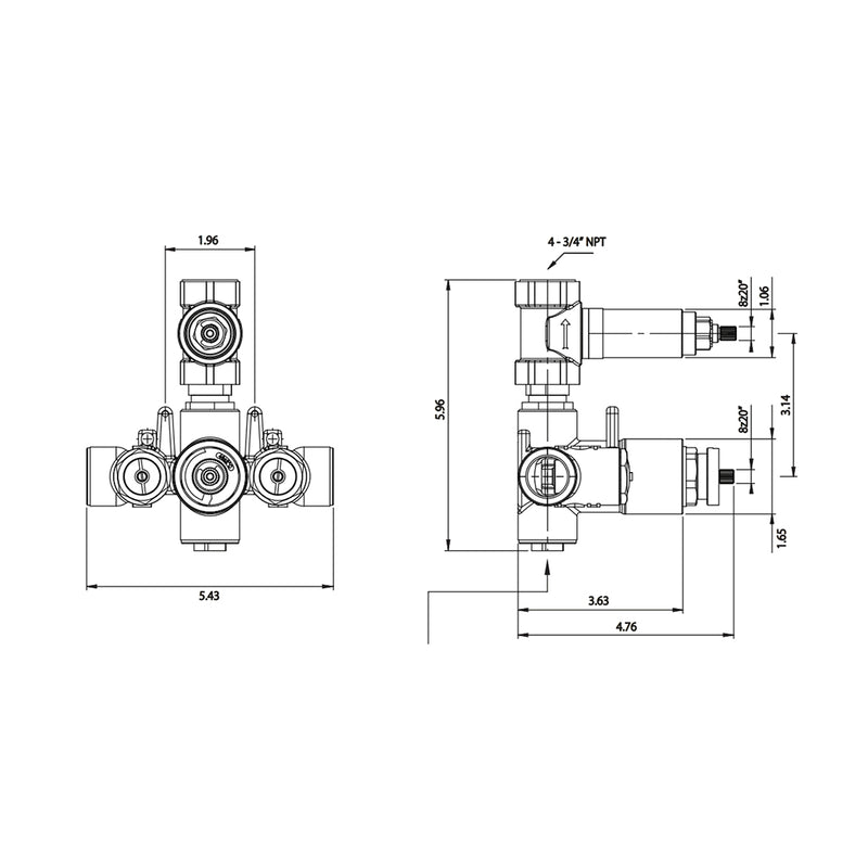 Serie 100 1 Way Thermostatic Shower Mixer - Wall Mount - 6" Brass/Satin Brass