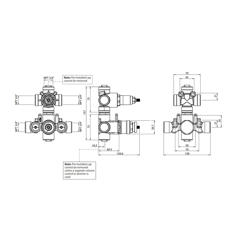 Serie 100 2 Way Thermostatic Shower Mixer - Wall Mount - 6" Brass/Satin Brass
