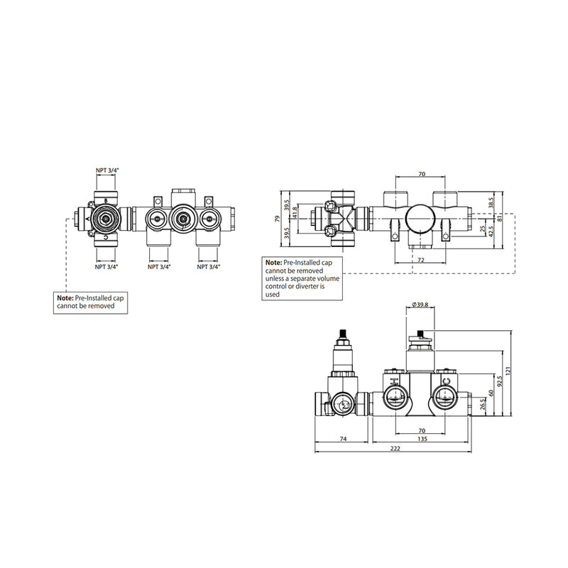 Serie 100 2 Way Thermostatic Shower Mixer - Wall Mount - 3" Brass/Satin Brass