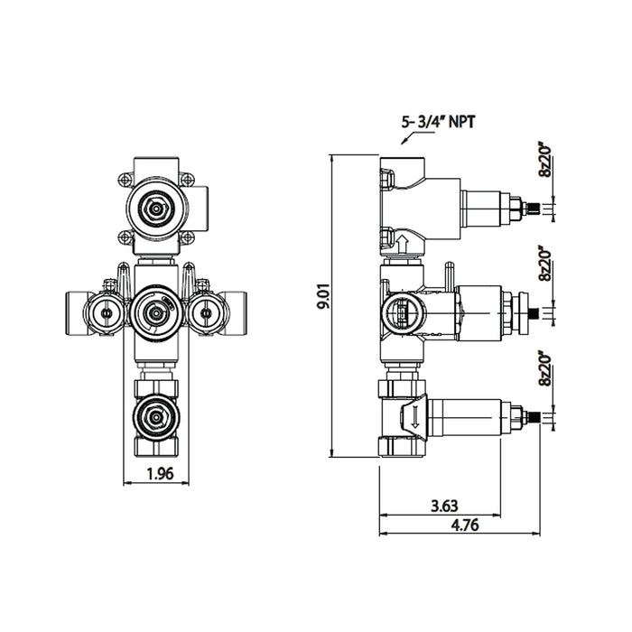 Serie 160 3 Way Thermostatic Shower Mixer - Built-In - 12" Brass/Brushed Nickel