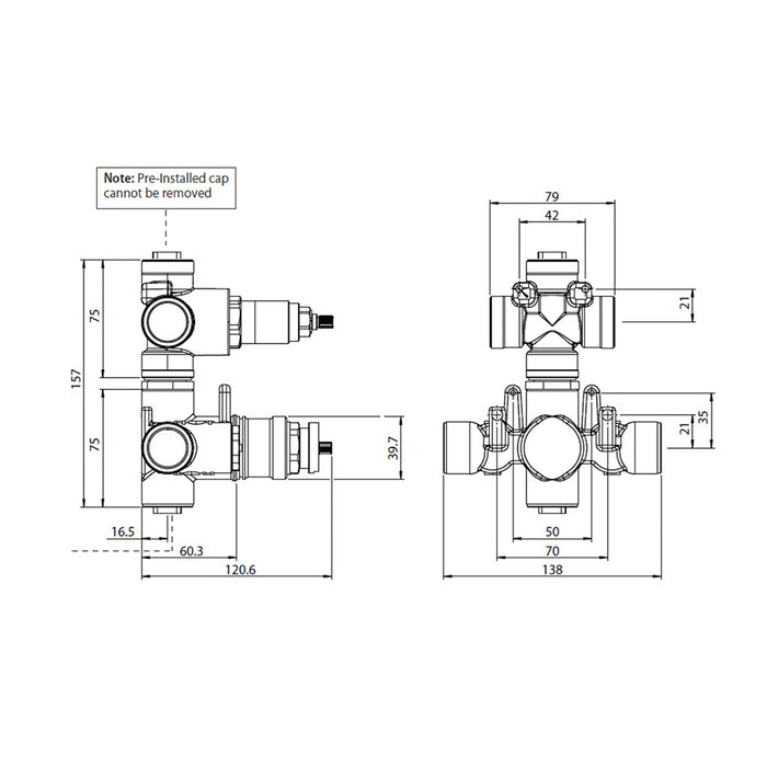 Serie 196 2 Way Thermostatic Shower Mixer - Wall Mount - 6" Brass/Satin Brass