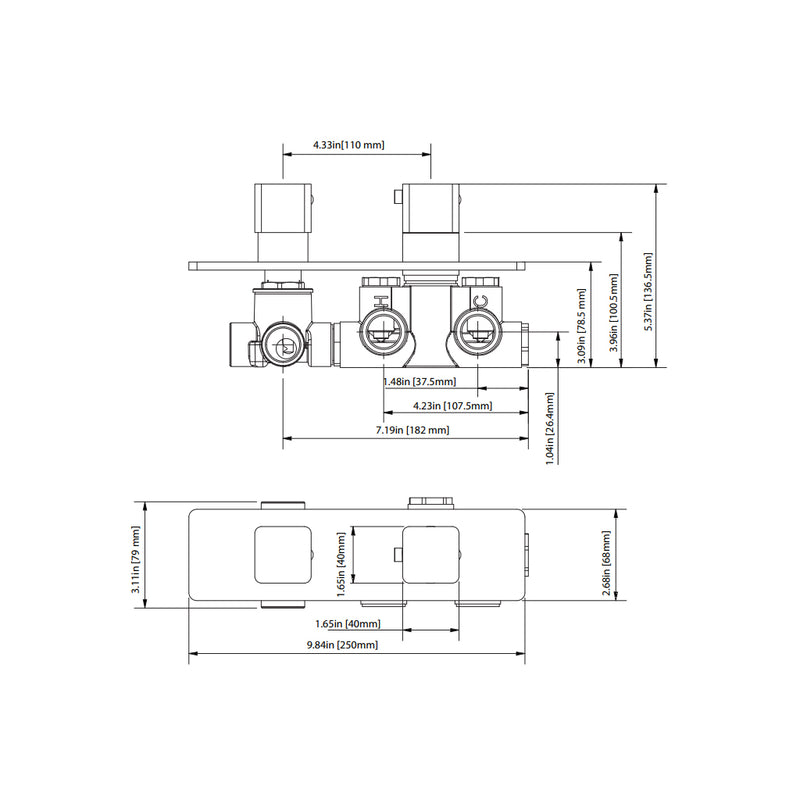 Serie 196 3 Way Horizontal Thermostatic Shower Mixer - Wall Mount - 10" Brass/Polished Nickel
