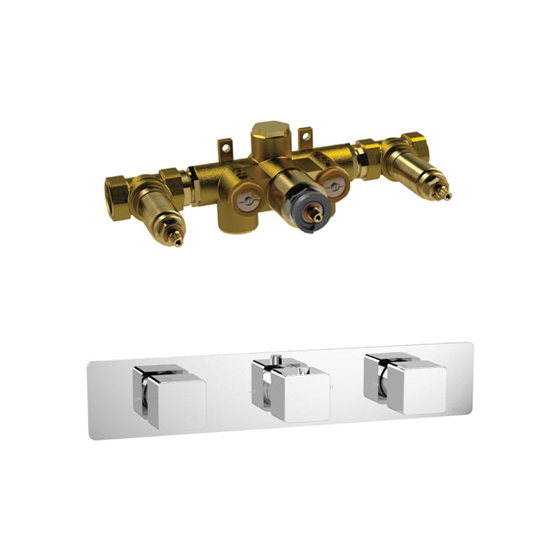 Serie 196 2 Way Horizontal Thermostatic Shower Mixer with 2 Volume Controls - Wall Mount - 14" Brass/Polished Chrome
