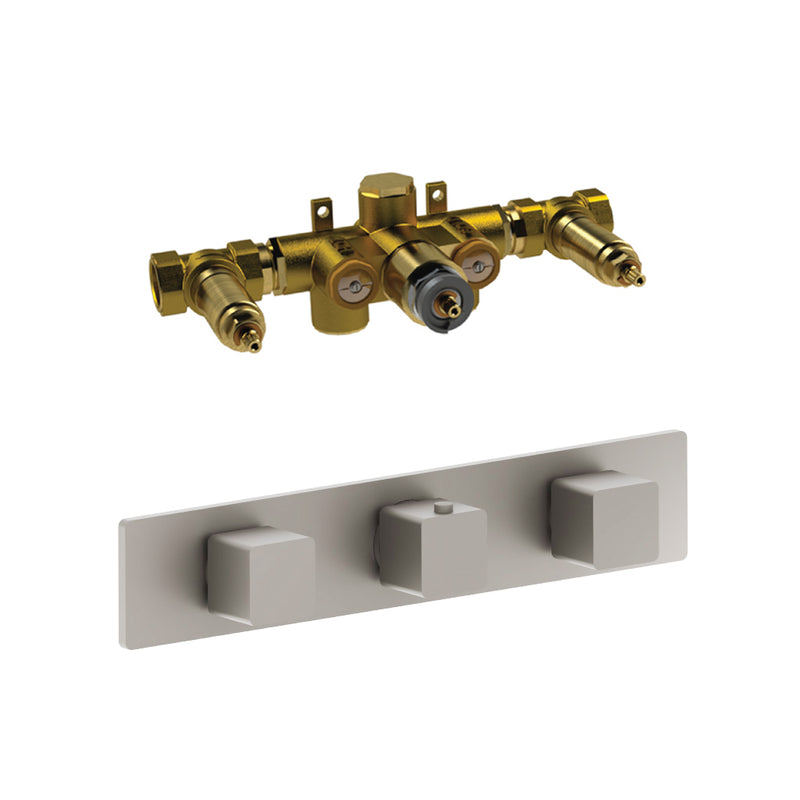 Serie 196 2 Way Horizontal Thermostatic Shower Mixer with 2 Volume Controls - Wall Mount - 14" Brass/Brushed Nickel