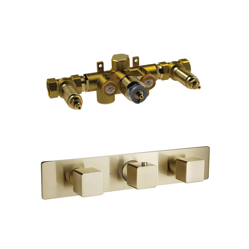 Serie 196 2 Way Horizontal Thermostatic Shower Mixer with 2 Volume Controls - Wall Mount - 14" Brass/Satin Brass