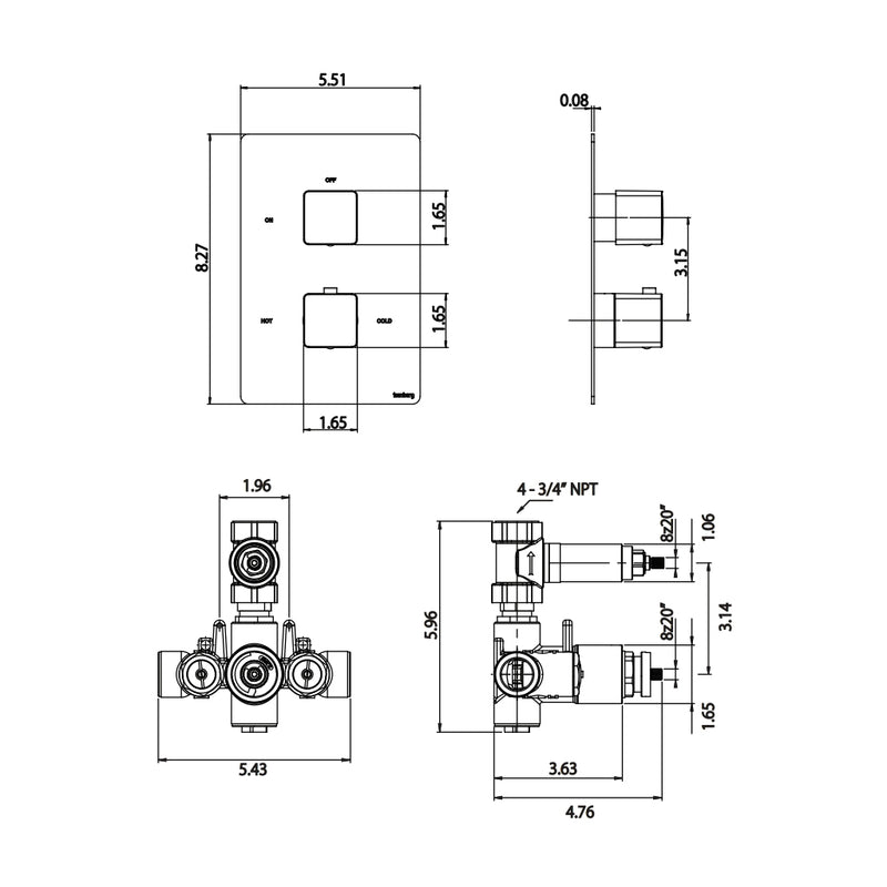 Serie 196 1 Way Thermostatic Shower Mixer - Wall Mount - 6" Brass/Brushed Nickel