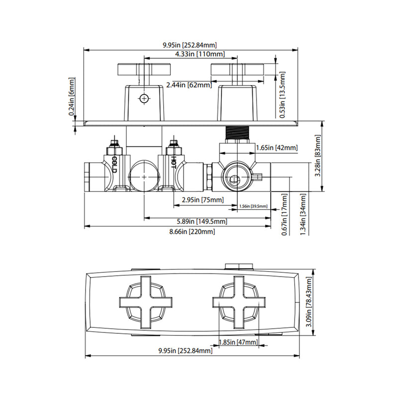 Serie 240 2 Way Horizontal Thermostatic Shower Mixer - Wall Mount - 10" Brass/Polished Nickel