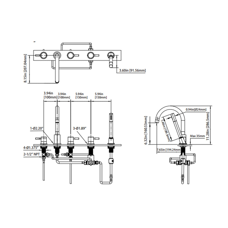 Serie 100 Hand Shower Five Hole Roman Complete Tub Faucet - Drop-In - 20" Brass/Brushed Nickel