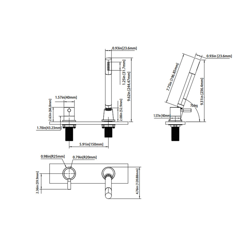 Serie 100 Complete Tub Faucet - Drop-In - 6" Brass/Matt Black