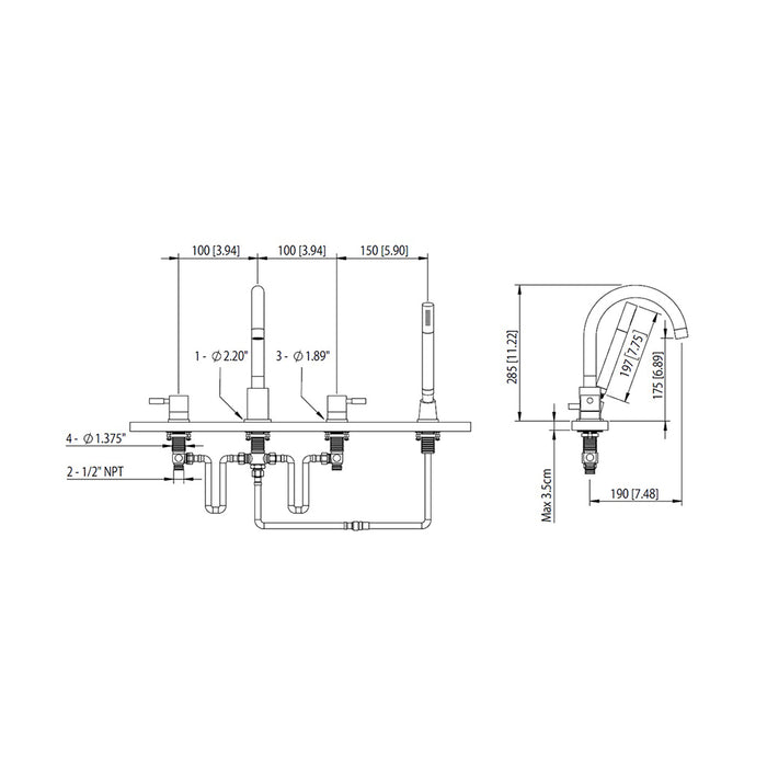 Serie 100 Hand Shower Tub Faucet - Built-In - 14" Brass/Brushed Nickel