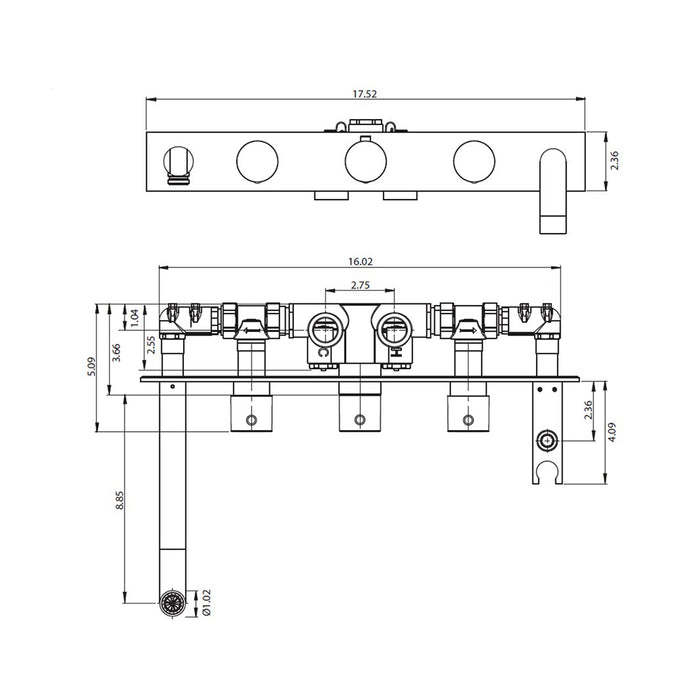 Serie 100 (2 Output Ports) Hand Shower Tub Faucet (Complete) - Wall Mount - 18" Brass/Matt Black