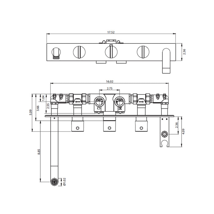 Serie 145 (2 Output Ports) Hand Shower Tub Faucet (Complete) - Wall Mount - 18" Brass/Matt Black