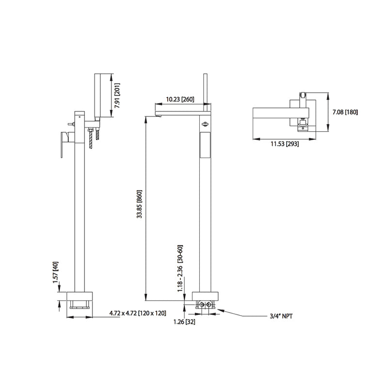 Serie 160 Hand Shower Complete Tub Faucet - Floor Mount - 34" Brass/Polished Chrome