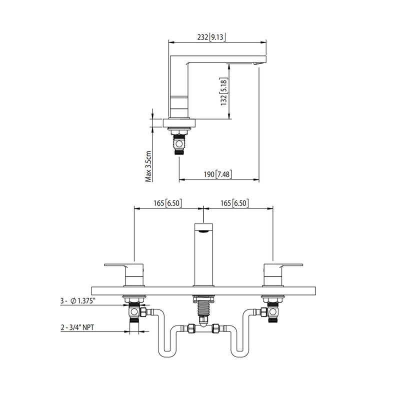 Serie 196 Complete Tub Faucet - Widespread - 12" Brass/Satin Brass