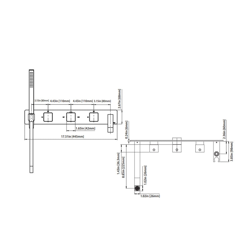 Serie 196 (2 Output Ports) Hand Shower Tub Faucet (Trim Only) - Wall Mount - 18" Brass/Polished Chrome