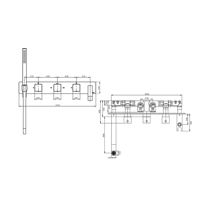 Serie 196 (2 Output Ports) Hand Shower Tub Faucet (Complete) - Wall Mount - 18" Brass/Satin Brass