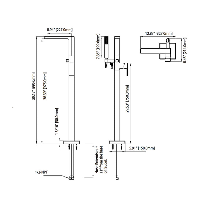 Serie 196 Hand Shower Complete Tub Faucet - Floor Mount - 39" Brass/Polished Nickel