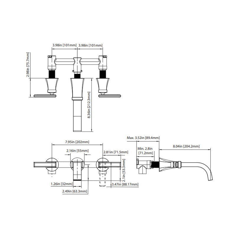 Serie 230 Complete Tub Faucet - Widespread-Wall Mount - 8" Brass/Matt Black