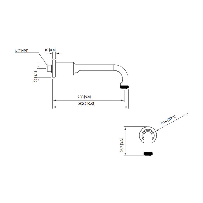 Serie 250 Non Diverting Tub Spout - Wall Mount - 10" Brass/Matt Black