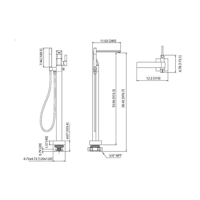 Serie 260 Hand Shower Complete Tub Faucet - Floor Mount - 36" Brass/Matt Black