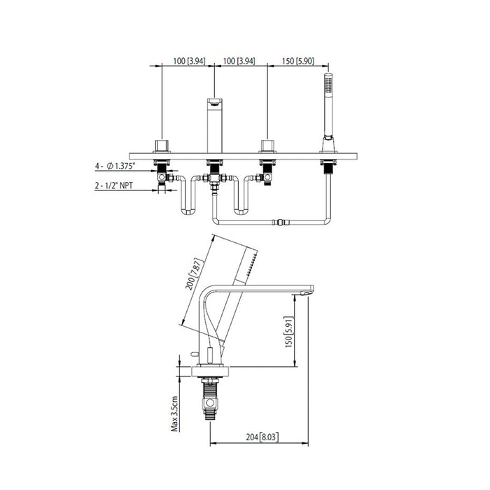 Serie 260 Hand Shower Complete Tub Faucet - Built-In - 14" Brass/Brushed Nickel