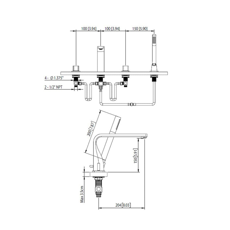 Serie 260 Hand Shower Complete Tub Faucet - Built-In - 14" Brass/Matt Black