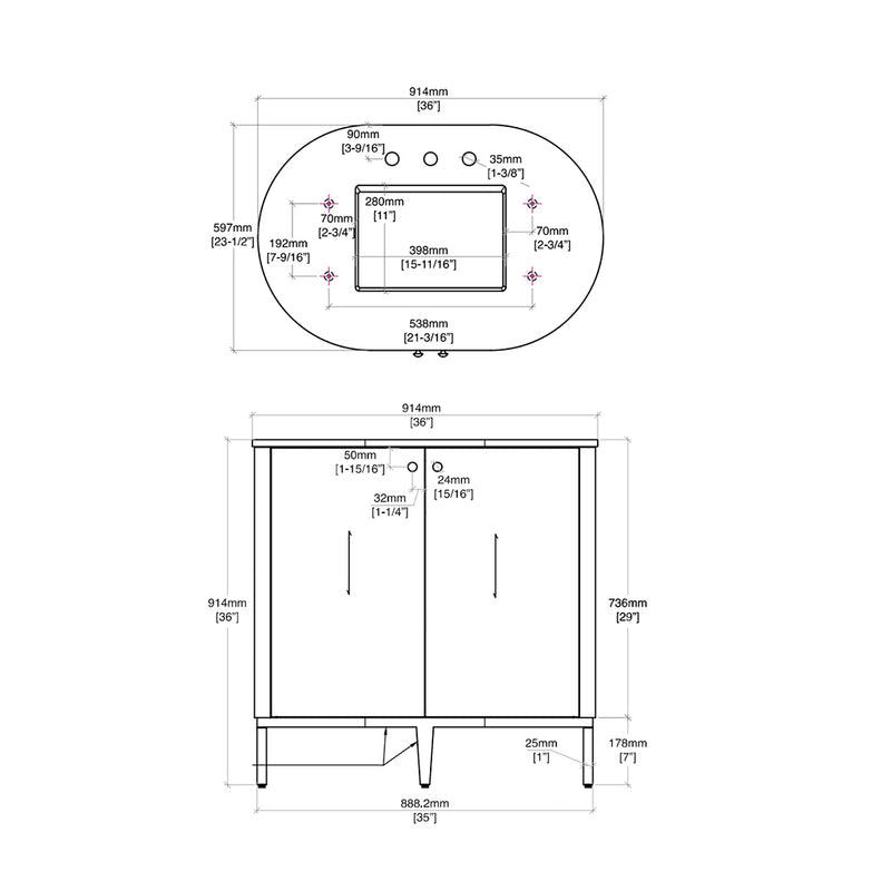 Bellamy 2 Doors Bathroom Vanity with Marble Sink - Floor Mount - 36" Mdf/Rustic Oak