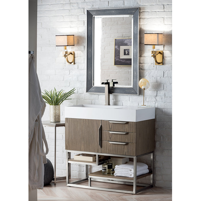 Columbia 1 Door and 3 Drawers Bathroom Vanity with Mineral Sink - Floor Mount - 36" Wood/Steel/Ash Gray/Brushed Nickel