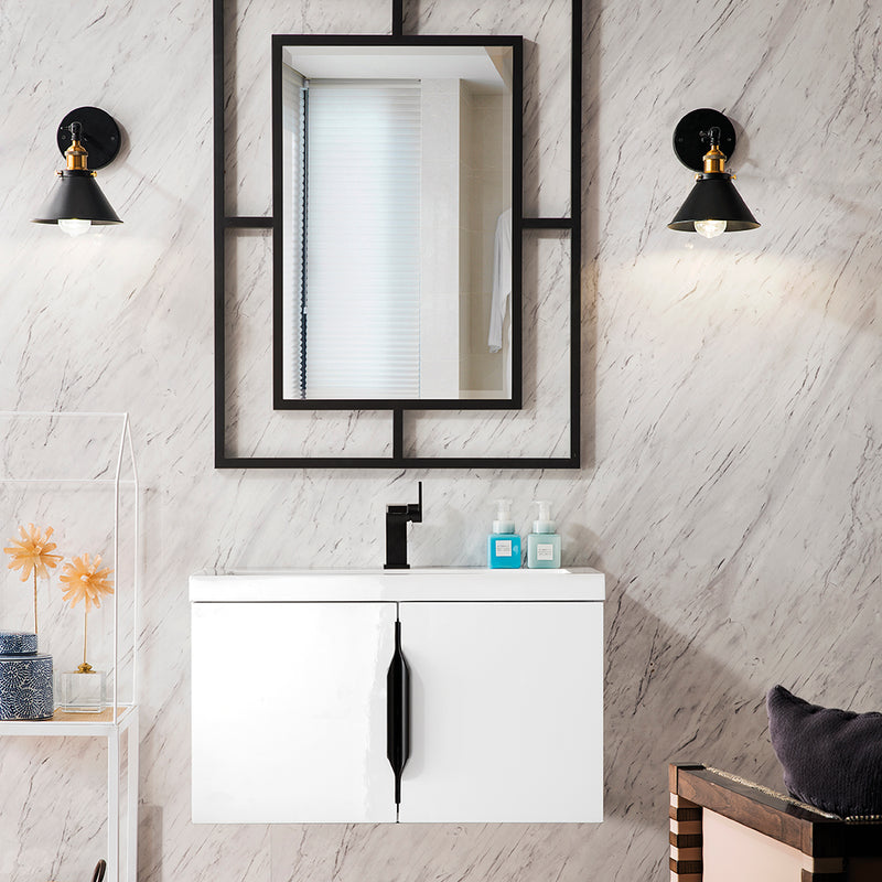 Columbia 2 Doors Bathroom Vanity with Solid Surface Sink - Wall Mount - 32" Wood/Glossy White/Matte Black - Last Unit Special Offer