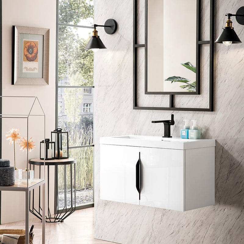 Columbia 2 Doors Bathroom Vanity with Solid Surface Sink - Wall Mount - 32" Wood/Glossy White/Matte Black - Last Unit Special Offer