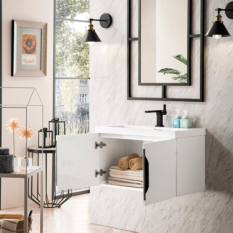 Columbia 2 Doors Bathroom Vanity with Solid Surface Sink - Wall Mount - 32" Wood/Glossy White/Matte Black - Last Unit Special Offer