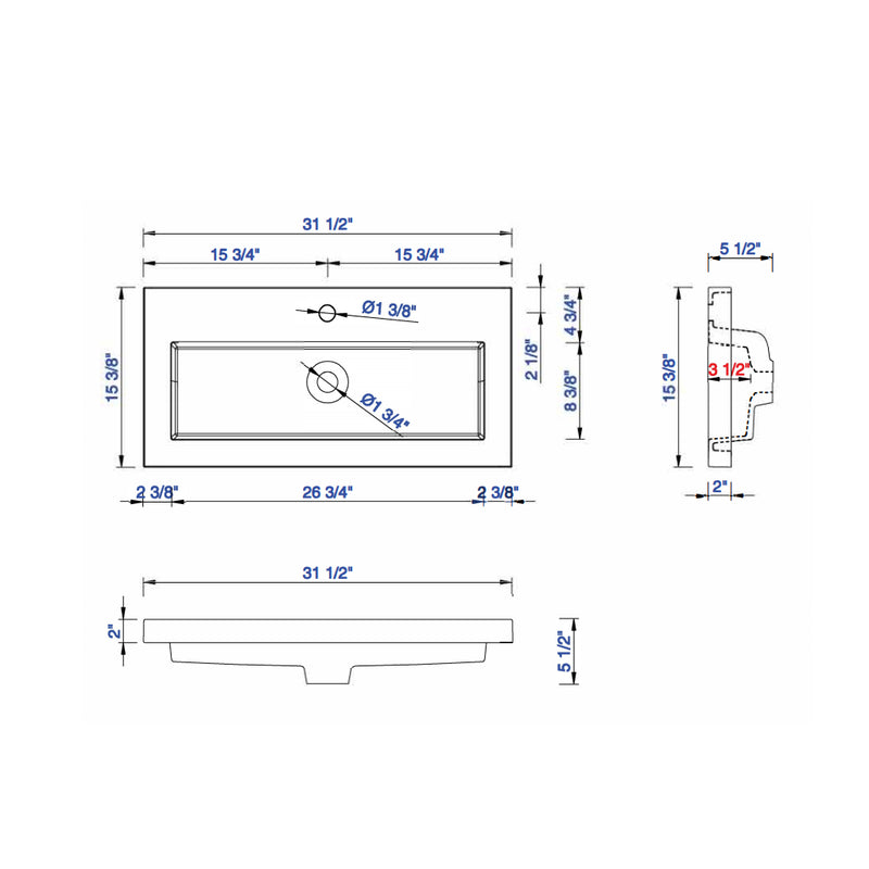 Columbia 2 Doors Bathroom Vanity with Solid Surface Sink - Wall Mount - 32" Wood/Glossy White/Matte Black - Last Unit Special Offer