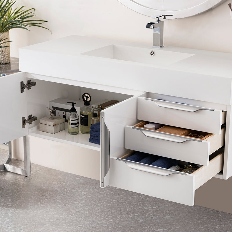 Mercer Island 2 Door And 3 Drawers Bathroom Vanity With Stone Sink - Wall Mount - 48" Wood/Glossy White - Last Unit Special Offer