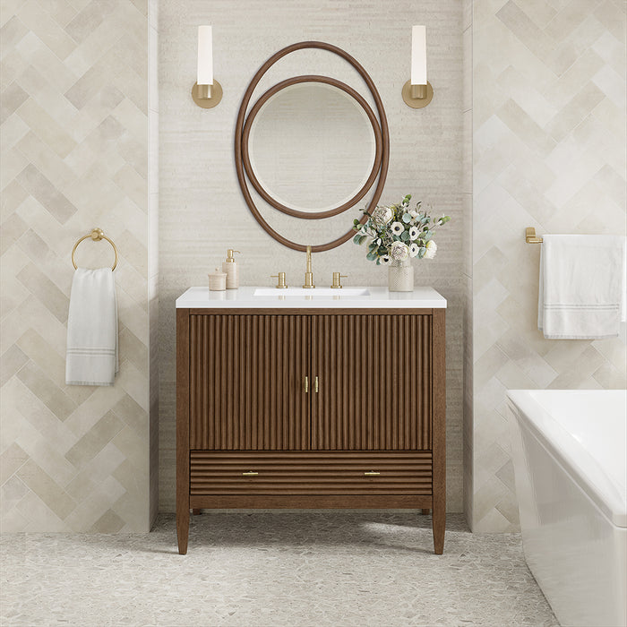 Myrrin 2 Doors And 1 Drawer Bathroom Vanity with White Zeus Quartz Top and Undermount Sink - Free Standing - 36" Wood/Mid-Century Walnut