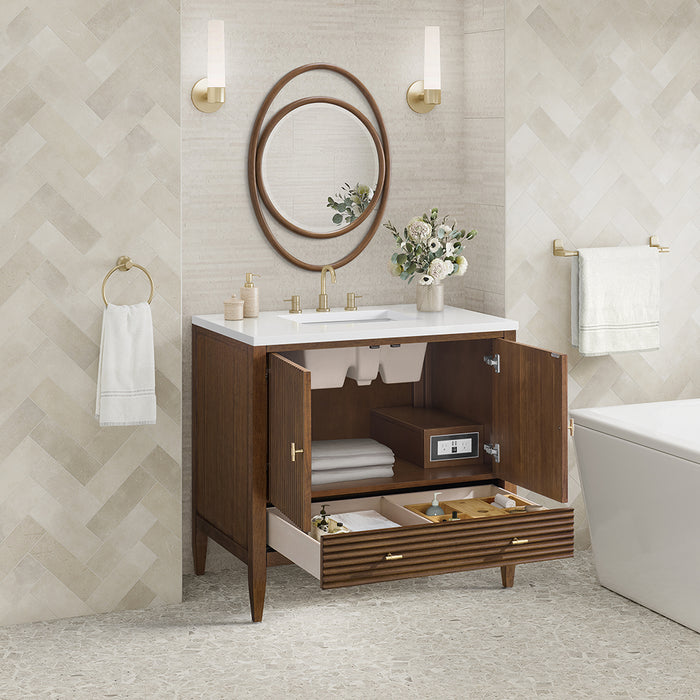 Myrrin 2 Doors And 1 Drawer Bathroom Vanity with White Zeus Quartz Top and Undermount Sink - Free Standing - 36" Wood/Mid-Century Walnut