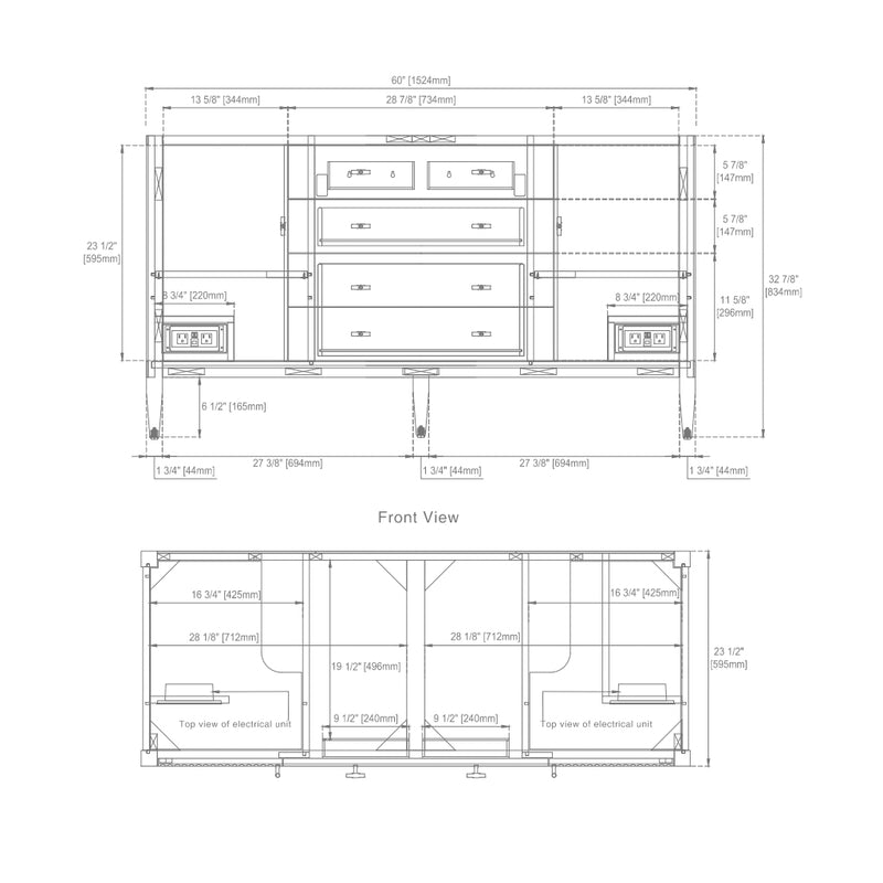 Myrrin 2 Drawers And 2 Doors Bathroom Vanity with White Zeus Quartz Top and Undermount Sinks - Free Standing - 60" Wood/Carbon Oak