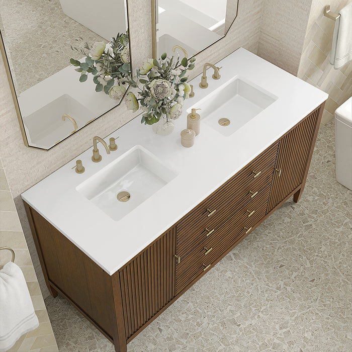 Myrrin 2 Drawers And 2 Doors Bathroom Vanity with White Zeus Quartz Top and Undermount Sinks - Free Standing - 60" Wood/Mid-Century Walnut