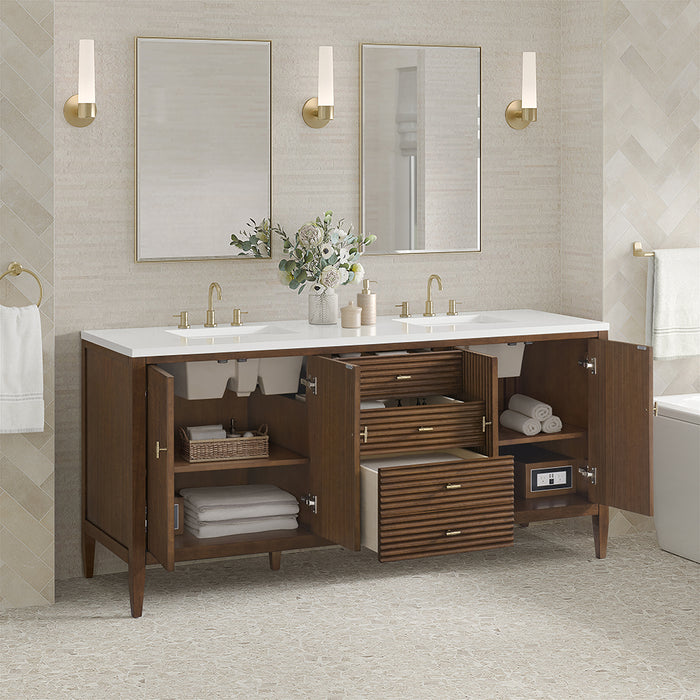 Myrrin 3 Drawers And 4 Doors Bathroom Vanity with White Zeus Quartz Top and Undermount Sinks - Free Standing - 72" Wood/Mid-Century Walnut