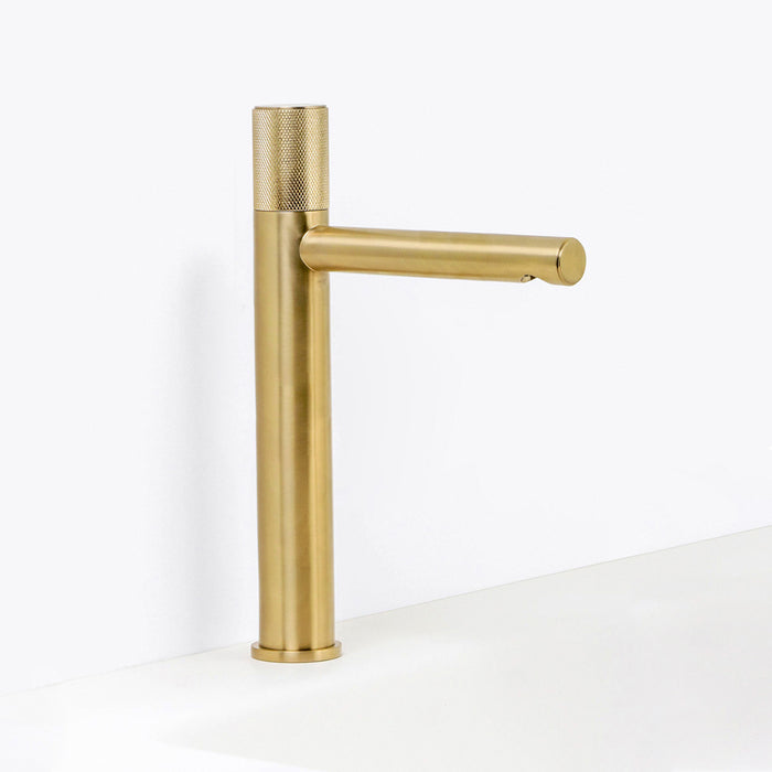 Metro Knurled Long Spout Bathroom Faucet - Vessel - 12" Brass/Satin Brass