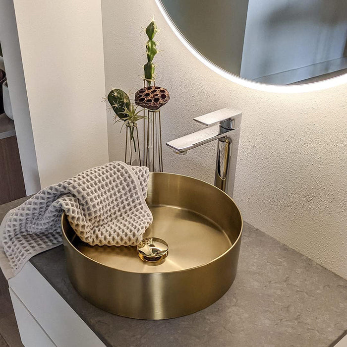Fancy Vessel Bathroom Sink - Over Mount - 15" Stainless Steel/Gold