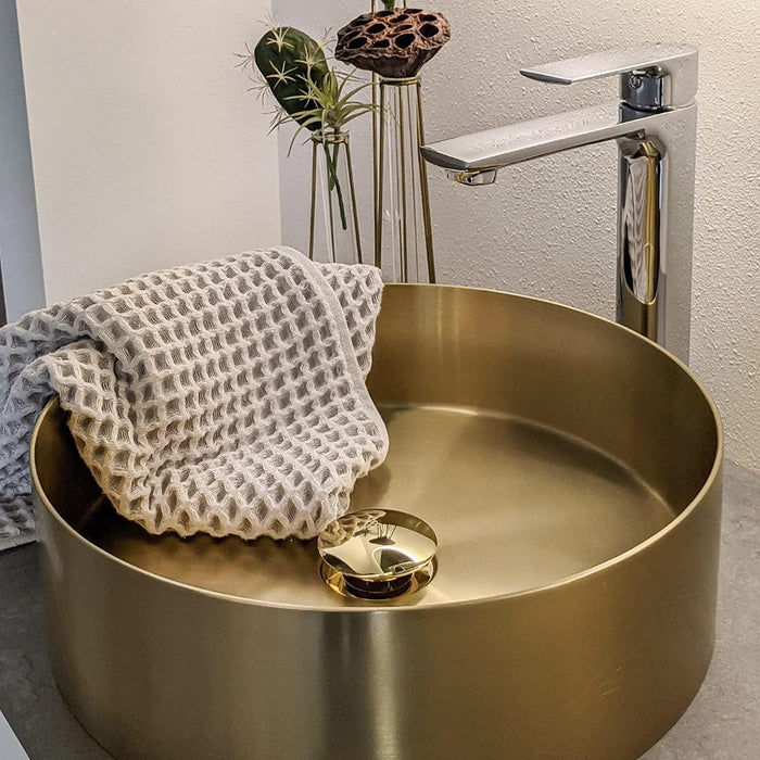 Fancy Vessel Bathroom Sink - Over Mount - 15" Stainless Steel/Gold