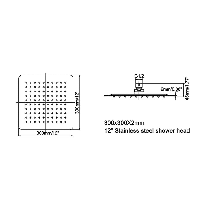 Luk 2 Square Nozzle Shower Head - Wall Or Ceiling Mount - 12" Stainless Steel/Polished Stainless Steel