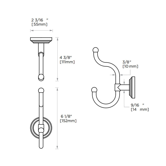 Florence Large Coat Hook - Wall Mount - 7" Brass/Polished Chrome